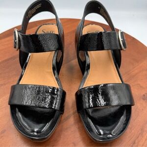 Sofft Vaya Black Patent Leather Wedge Sandals Women 9 Buckle Ankle Strap Comfort